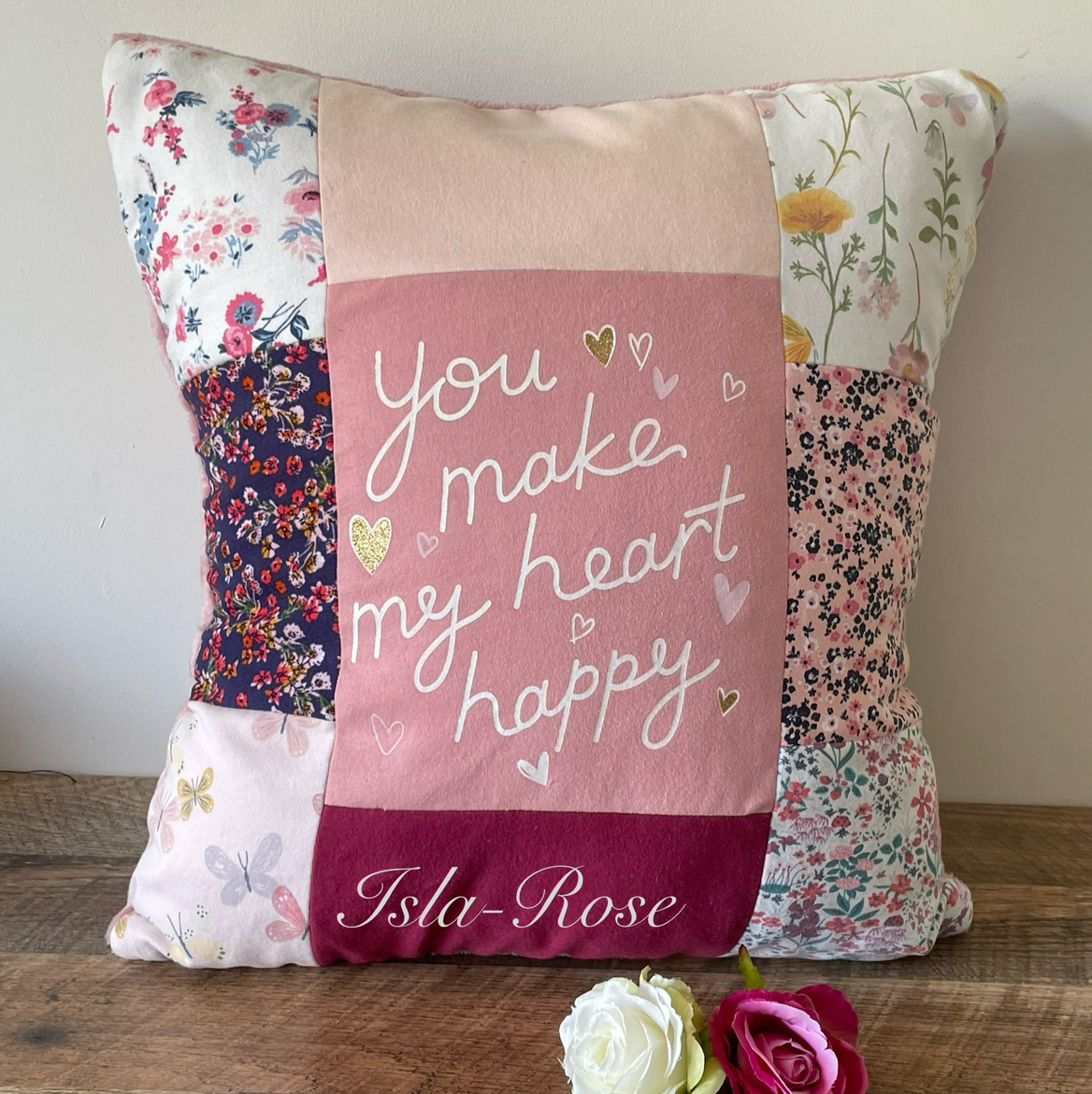 Patchwork keepsake or memory cushion